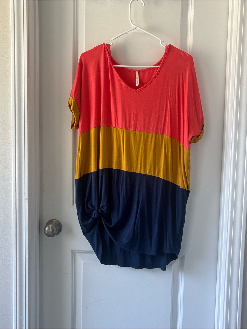 Colorblock V-Neck Oversized Blouse in Coral, Mustard & Navy